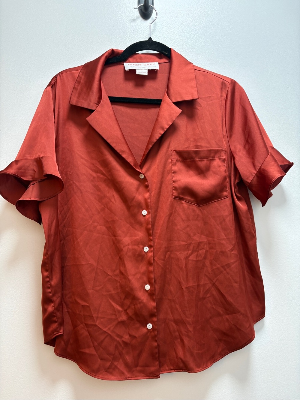 Birdy Grey Rust-Red Short Sleeve Button-Down Shirt Ruffle Sleeve | M | Minimal